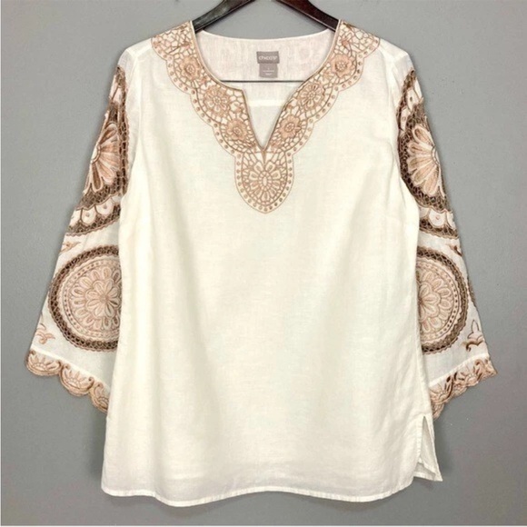 Chico's White and Brown Embroidered Tunic - Picture 2 of 8